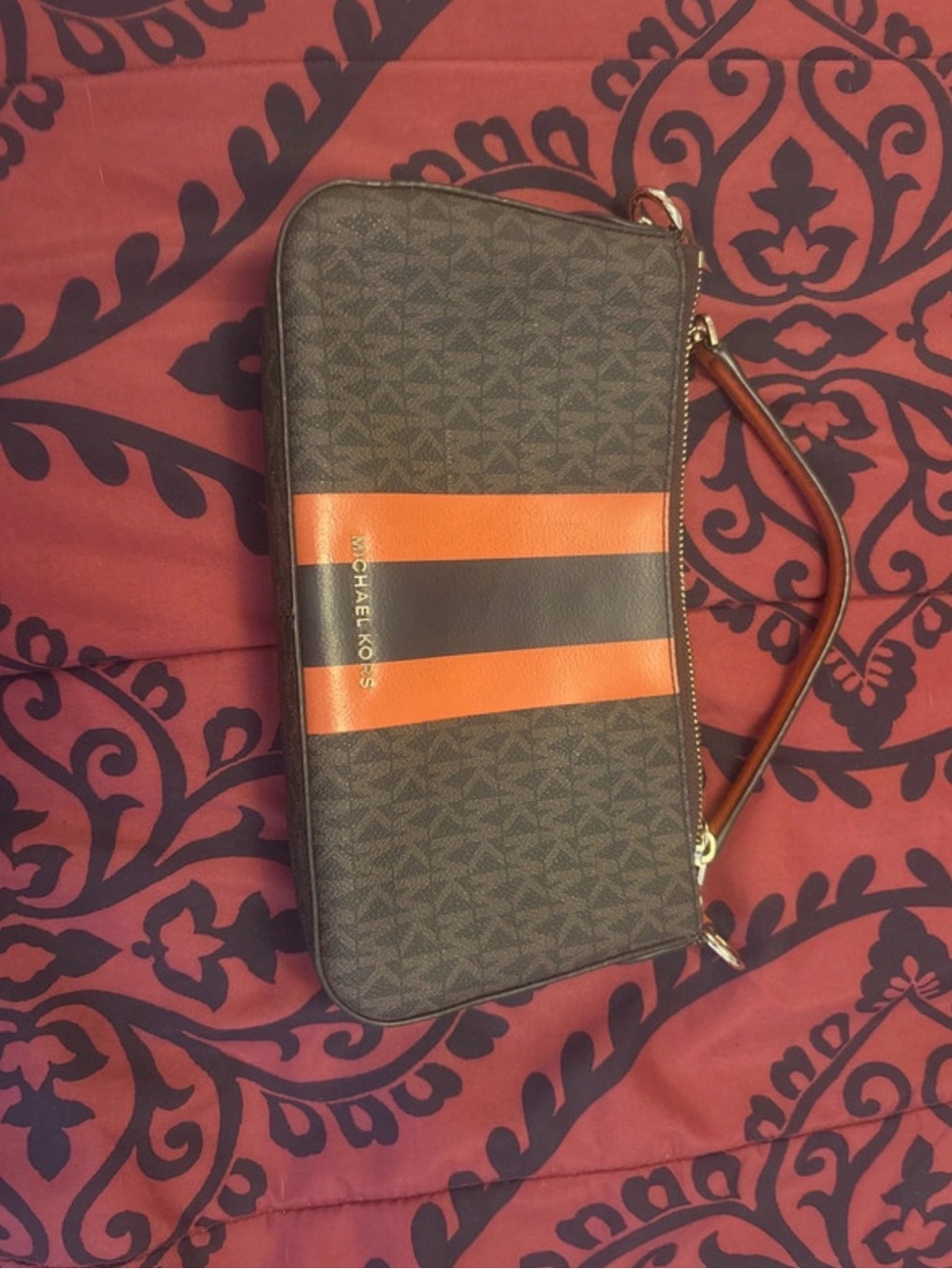 Michael Kors Brown Wallet Wristlet with Orange and Black Stripes